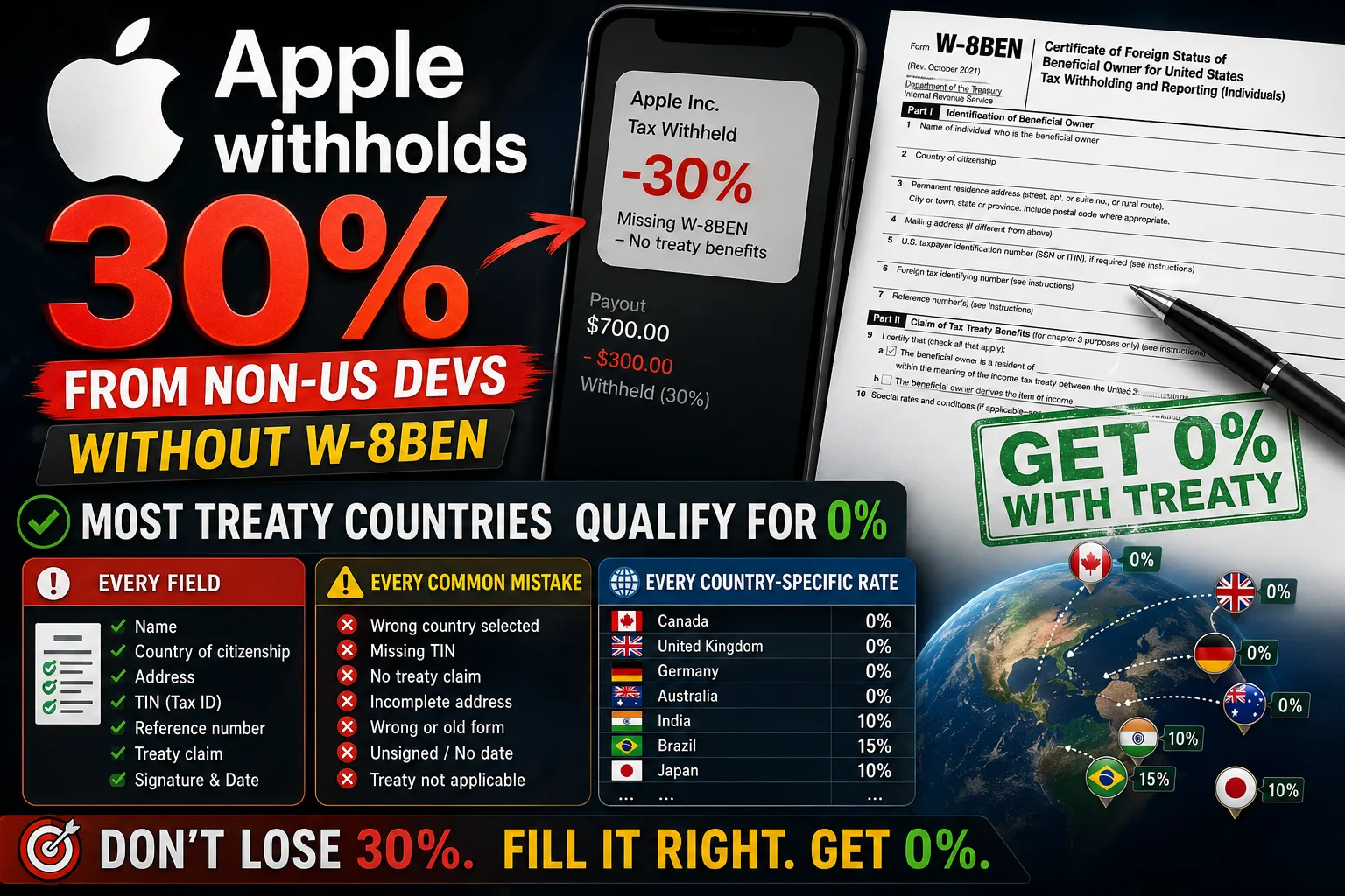W-8BEN for Indie Developers: How to Avoid 30% Withholding (2026)