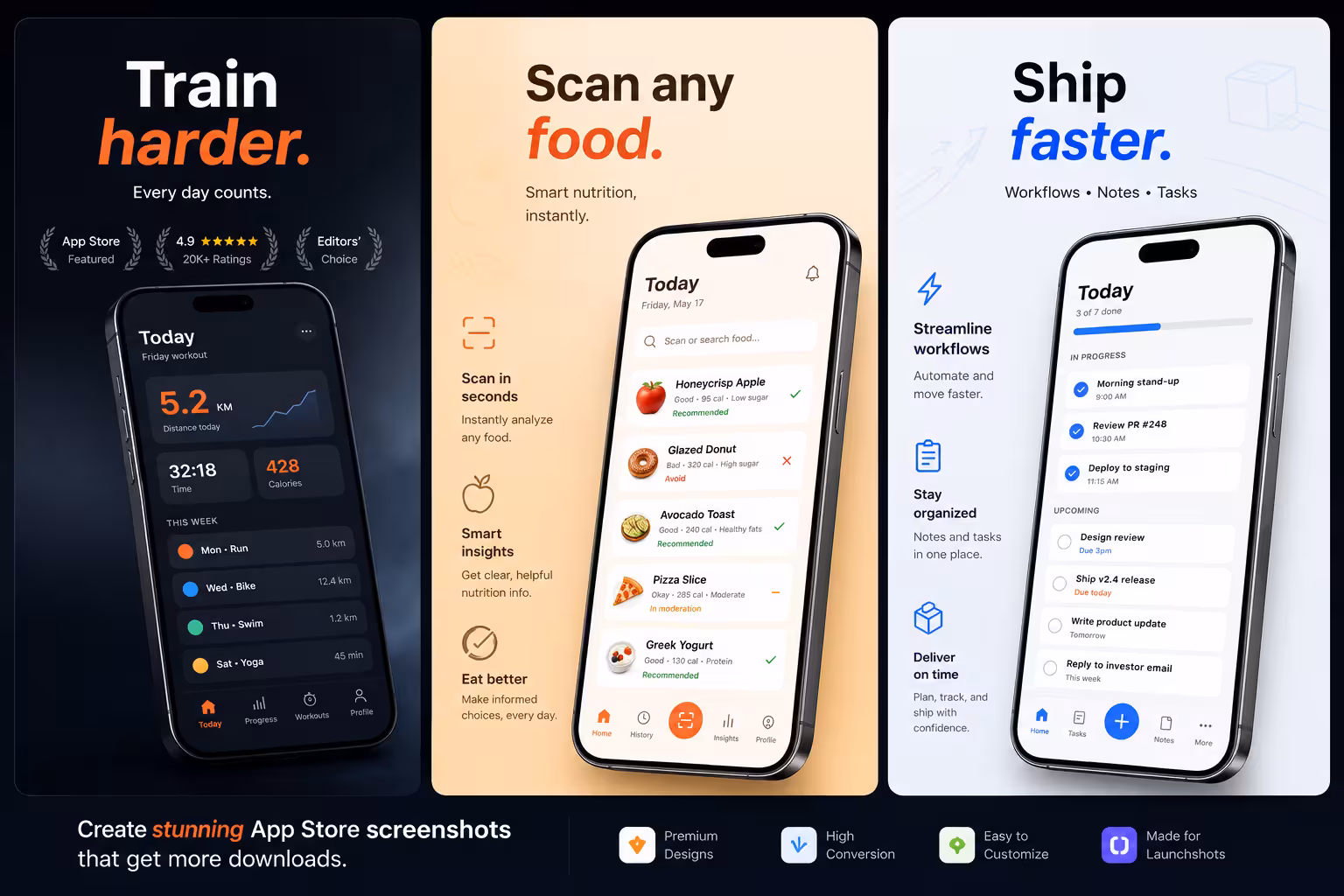 Three example screenshots made with LaunchShots